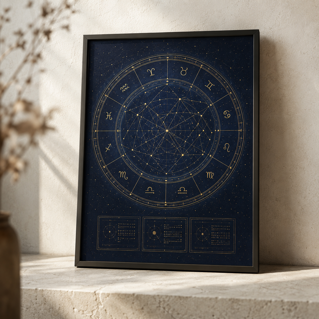 Framed astral map poster in navy and gold on a stone shelf
