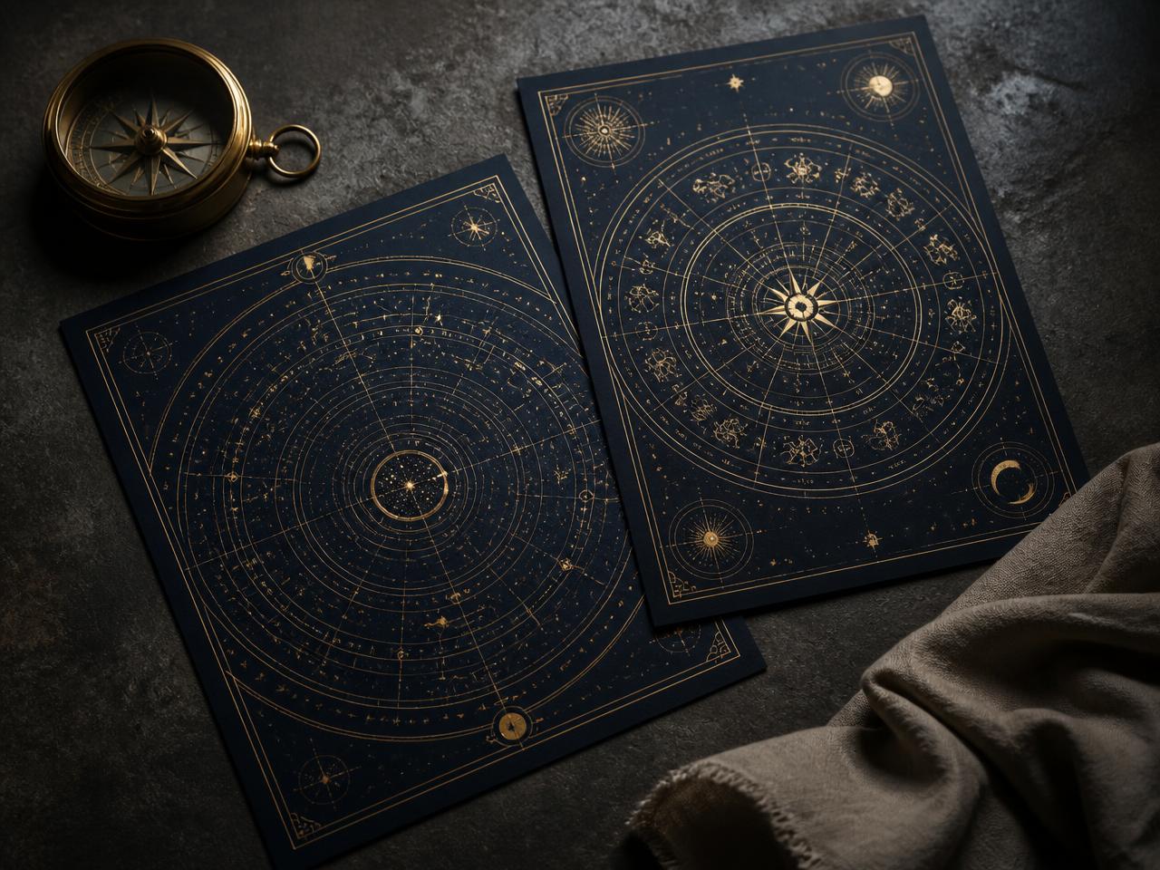 Two navy and gold printed chart posters on a dark stone surface beside a brass compass